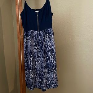 Lovely navy dress with vibrant print from Anthropologie.